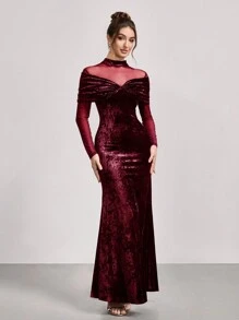 SHEIN Belle Women's Solid Color Form-Fitting Long Sleeve Cocktail Dress With Mesh Inserts, Wedding Guest Dress, Party Dress - Red - View 7