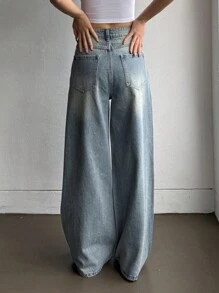 DAZY 女士时尚水洗水钻缀饰阔腿牛仔裤 - 中等水洗藍 - 查看 5