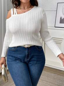 SHEIN Clasi Plus Size Women Asymmetric Shoulder Knit Pullover Sweater, Textured Cable Knit Design, Casual & Elegant Knit Pullover Fall Winter - White - View 4