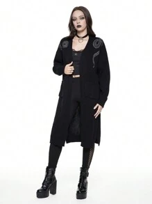 ROMWE Gothic Snake And Floral Embroidered Long Cardigan, Casual - Black - View 5