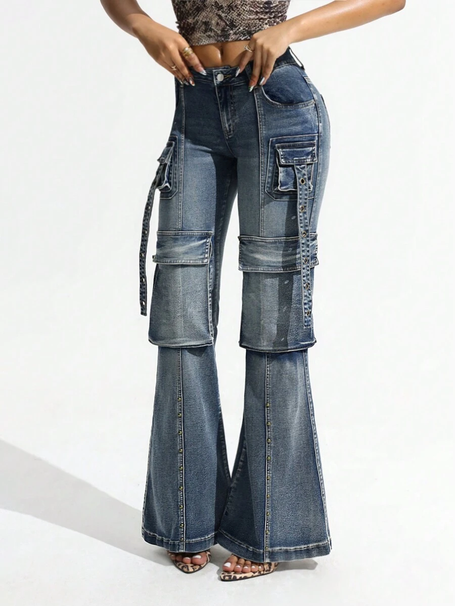 SHEIN ICON 女式复古低腰工装喇叭牛仔裤，街头风格紧身喇叭牛仔裤 - 中等水洗藍 - 查看 1