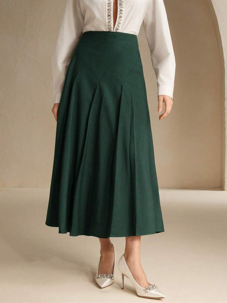 Anewsta Falda plisada asimétrica elegante para ir al trabajo - Verde Oscuro - Añade 3