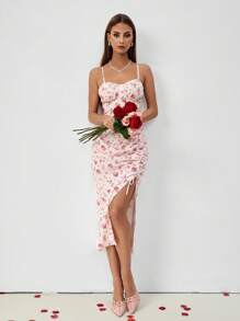 Chiquease 女士侧抽绳开衩下摆吊带裙，玫瑰花卉印花，情人节 - 粉色 - 查看 6