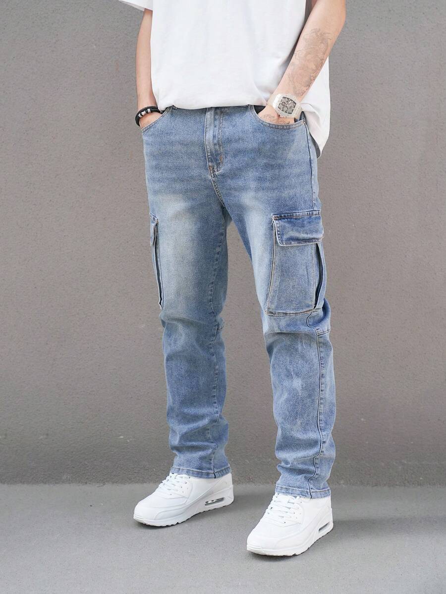 Manfinity Homme Quần Jeans Denim Giặt Nước Cho Nam Có Túi Khóa Kéo Bên Trong, Quần Cargo Dài Ôm Vừa Đơn Giản Màu Xanh Nhạt, Dành Cho Chồng, Quà Tặng Bạn Trai - Màu xanh lam - Xem 1