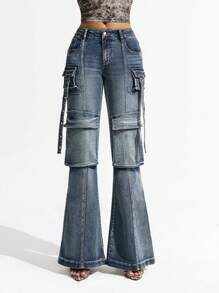 SHEIN ICON 女式复古低腰工装喇叭牛仔裤，街头风格紧身喇叭牛仔裤 - 中等水洗藍 - 查看 3