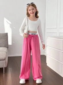 SHEIN Tween Girls Loose Fit Drawstring Waist Wide Leg Long Sweatpants - Watermelon Pink - View 5