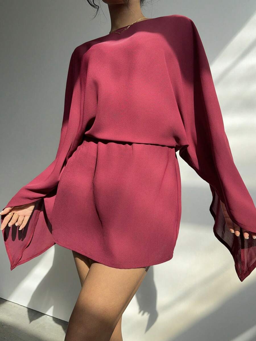 Aloruh Elegant Boat Neck Long Sleeve Batwing Sleeve Versatile Vintage Burgundy Shift Dress For Commuting - Burgundy - View 1