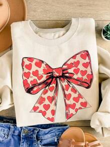 INAWLY Valentine's Day Heart & Bow Pattern, Vintage Style Women Round Neck Long Sleeve Fleece Printed Sweatshirt Pullover Fall Sweatshirt - Apricot - View 1