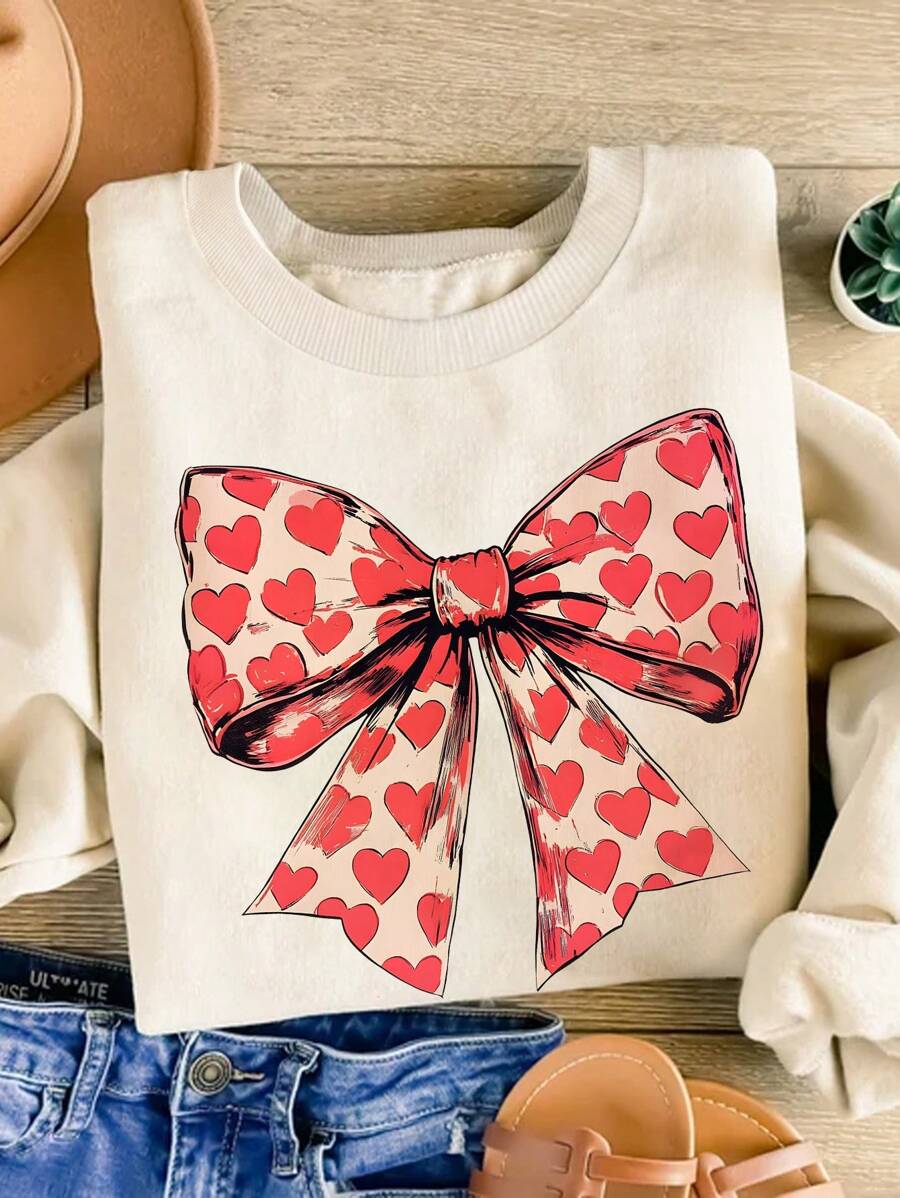 INAWLY Valentine's Day Heart & Bow Pattern, Vintage Style Women Round Neck Long Sleeve Fleece Printed Sweatshirt Pullover Fall Sweatshirt - Apricot - View 1