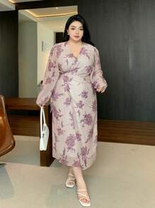 Dazy Plus Vestido de manga larga de talla grande con cuello en V y estampado floral en todo el vestido, color morado, para primavera/otoño - Morado - Ver 7