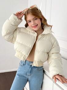 SHEIN Abrigo acolchado corto holgado con cuello alto para niñas preadolescentes, cómodo y cálido, de estilo casual