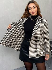 SHEIN Privé Plus Size Women Houndstooth Formal Blazer, New Fall Collection - Black - View 4
