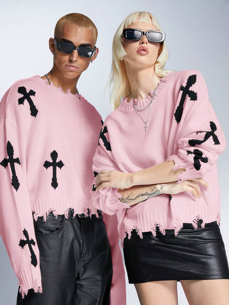 SWAVVY Men's Casual Cross Pattern Loose Dropped Shoulder Short Sweater - Pink - View 1