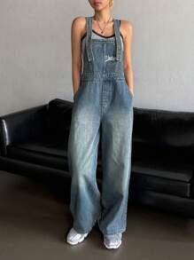 DAZY 女式字母刺绣装饰牛仔背带裤工装裤 - 中等水洗藍 - 查看 1