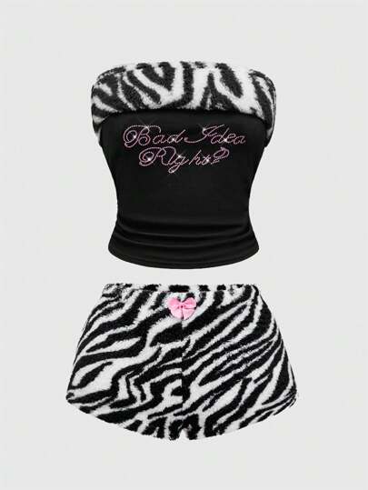 J-Fashion Ensemble 2 pièces de camisole en peluche avec strass et shorts imprimés zèbre style Y2K, tenue de détente casual pour femmes