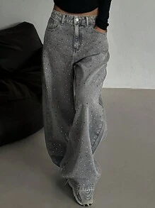 DAZY Women's Casual Rhinestone Embellished Denim Pants, Minimalist Fashion For Everyday Wear,Baggy Jeans