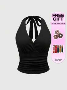 ROMWE Grunge Punk Y2K Tie Back Solid Black Halter Top For Women - Black - View 5