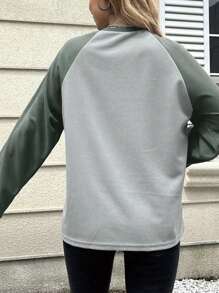 Teen Girls' Casual Slogan & Bow Pattern Contrast Color Round Neck Raglan Sleeve Loose T-Shirt, Autumn - Grey - View 2