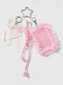 ROMWE Kawaii 1pc INS Korean Style Handmade Beaded White Faux Pearl & Pink Crystal Lace Bow Card/ID Badge Holder With Adjustable Lanyard Rope, Keychain Bag Charm, Suitable For Office Workers, Students, Daily Wear, Holiday Gift
