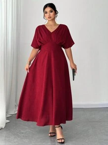 Elenzga Plus Size V-Neck Solid Color Short Sleeve Casual Dress, Simple & Fashionable For Everyday Wear,Valentine