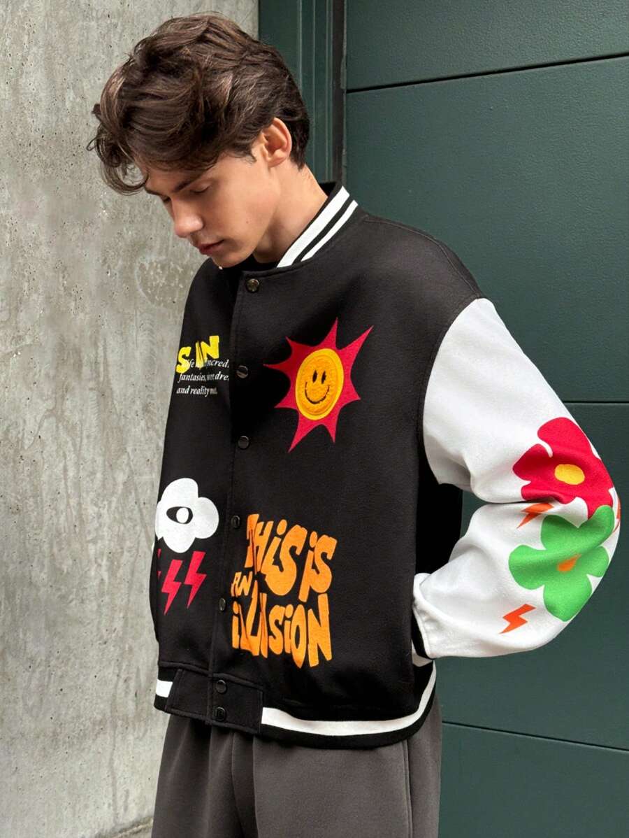 Manfinity VCAY Giacca da baseball casual e ampia con maniche lunghe, di moda, in stile urbano con grafica colorata, adatta come regalo per amici, mariti e fidanzati, per l'autunno e l'inverno - Multicolore - Visualizzare 1