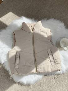 Comfortcana Plus Size Casual Stand Collar Padded Vest, Tan Color, Autumn/Winter Fall