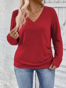 INAWLY Women V-Neck Long Sleeve Side Button Pleated Soft Knitted Casual Pullover, Autumn/Winter Fall Cloth For Women