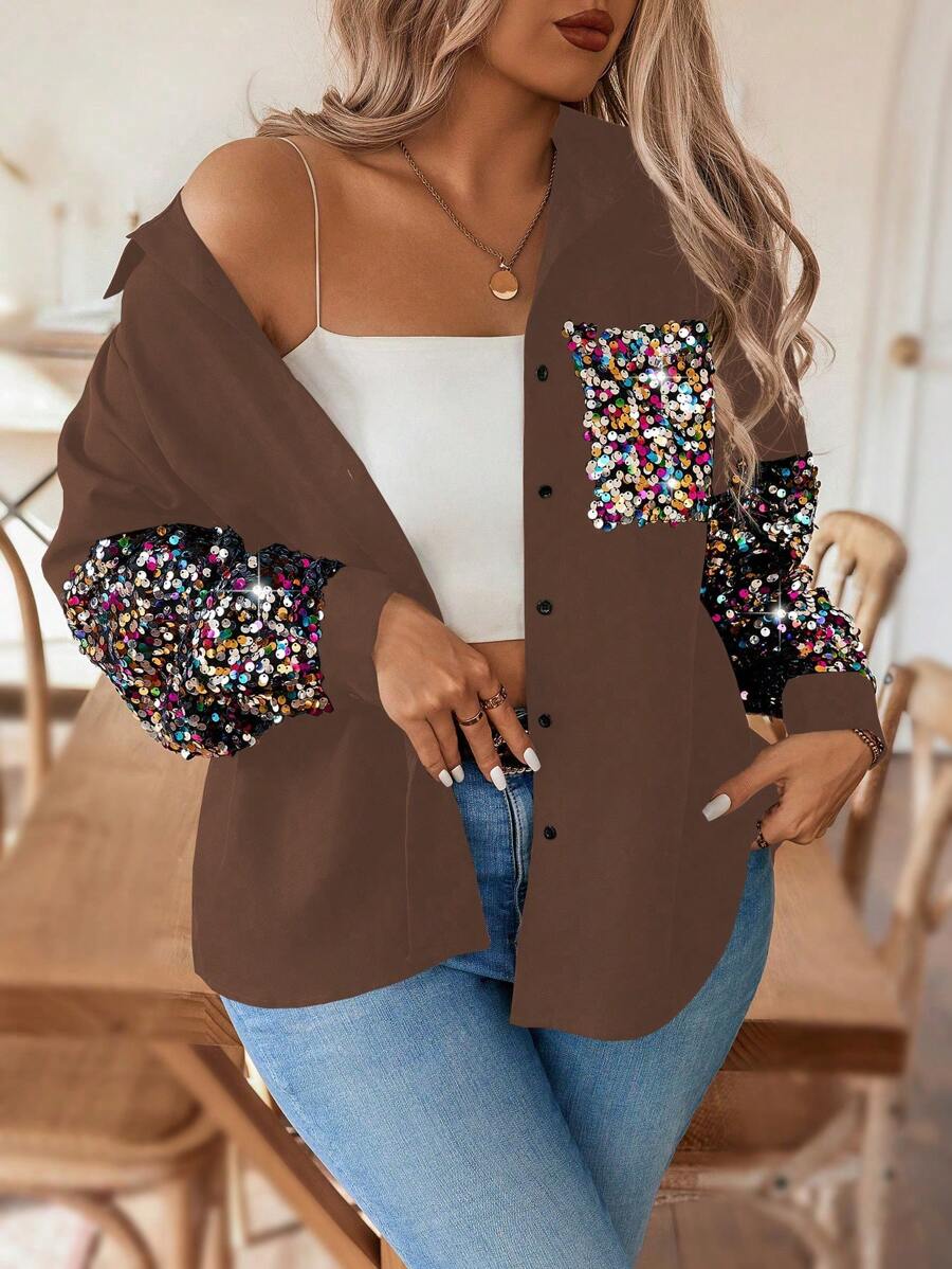 Calvaya Plus Size Simple Casual Everyday Shirt Fall Cloth For Women - Brown - View 1