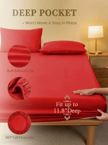 2/3pcS Solid Color Red Fitted Sheet Set (1Pc Fitted Sheet+1/2pcs Pillowcases), Mattress Protector, Mattress Cover For Bed, Bed Sheet Set, Soft And Breathable, For All Size Bed -Twin, Full, King, Queen Size Sheet Deep Pocket Up To 11.8 Inch