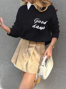EURMUSE Women's Casual Loose Slogan Graphic Print Long Sleeve Sweater, Autumn/Winter - Black - View 6