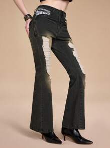 ROMWE Grunge Punk Vintage Patchwork Zebra Print Skinny Flare Leg Women's Jeans - Grey - View 6