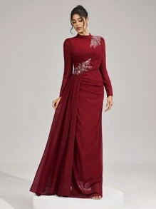 Coutiva 舞会礼服，优雅珍珠袖口长袖优雅正式长袖新年礼服，晚间伴娘礼服，婚礼宾客礼服，派对礼服 - 酒紅色 - 查看 6