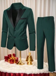 SHEIN Leap Crew 2pcs Tween Boy Casual Two-Tone Collar Suit Jacket And Pants Set - Dark Green - View 14
