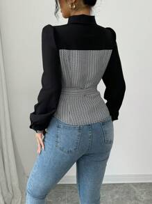 Selianne 女士优雅格子拼布镂空灯笼袖衬衫，秋季 - 黑色 - 查看 2