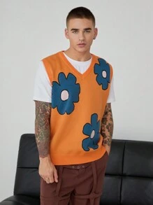 Manfinity Unisex Unisex kwiatowy wzór bezrękawnik z dekoltem w serek, dzianinowy, odpowiedni do noszenia na ulicy, jesień/zima