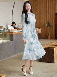 DAZY Vestido de manga abullonada de longitud media con estampado floral elegante de gasa para mujeres, vestido de primavera y otoño de manga larga