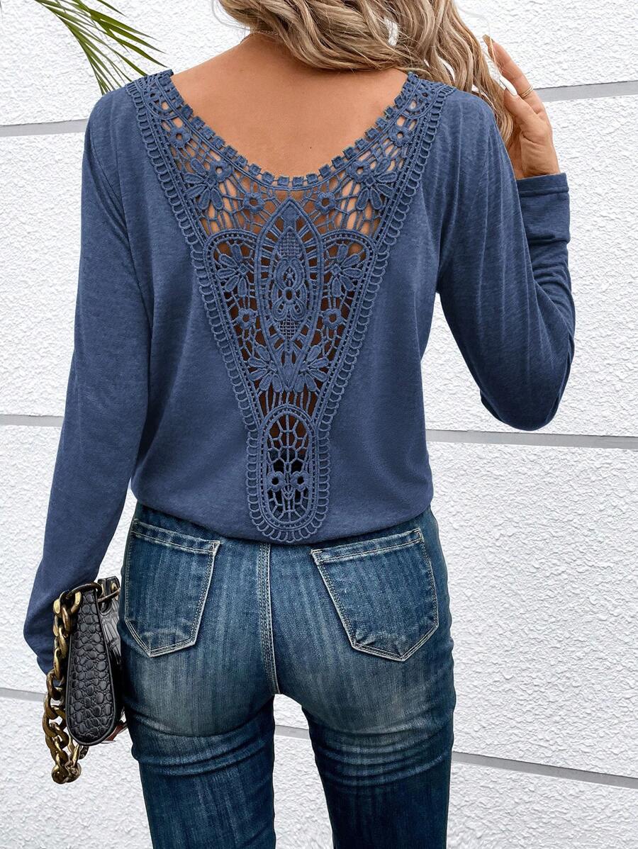 SHEIN Frenchy Blusa casual de manga larga de unicolor y diseño hueco para mujeres