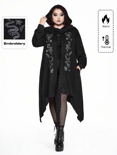 Plus Size Women Gothic Snake Skin Floral Embroidery Asymmetrical Hem Hooded Cardigan, Can Be Worn As Scarf