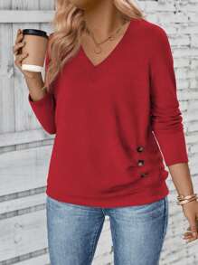 INAWLY Women V-Neck Long Sleeve Side Button Pleated Soft Knitted Casual Pullover, Autumn/Winter Fall Cloth For Women