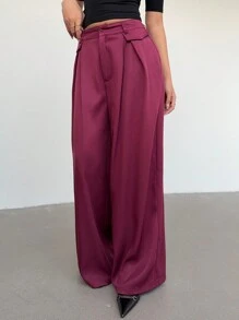 Aloruh 优雅通勤纯色复古紫色高腰喇叭腿百搭裤 - 酒紅色 - 查看 7