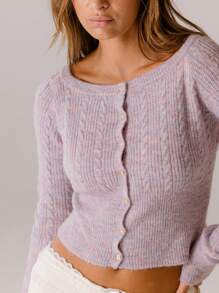 Aralina Cozy Knit Button-Up Classic Cable Off Shoulder Cardigan Sweater - Dusty Purple - View 4