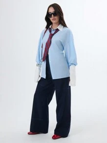 TypaGal Classy Oversized Boyrfriend Shirt With Contrast Collar & Cuff - Blue and White - View 5