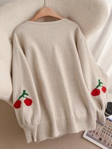 SHEIN Frenchy 大码女式休闲优雅甜美樱桃提花系带开衫 - 杏色 - 查看 2