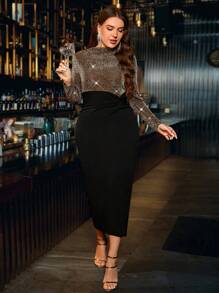 SHEIN Clasi Plus Size Women Contrast Color Stand Collar Long Sleeve Ruched Side Slit Hem Fitted Elegant Dress - Multicolor - View 4