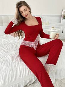 女士两件套撞色网眼罗纹针织长袖衬衫和裤子睡衣套装，圣诞服装 - 彩色 - 查看 5