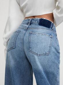 EURMUSE LOW WAIST RHINESTONE WAISTBAND DETAILED LOOSE STRAIGHT LEG Blue JEAN - Medium Wash - View 2