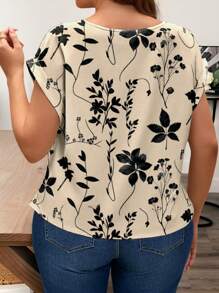 SHEIN Frenchy Plus Size Boho V-Neck Cross Crisscross Plants Printed Casual Blouse, Minimalist & Fashionable For Everyday Wear, For Summer