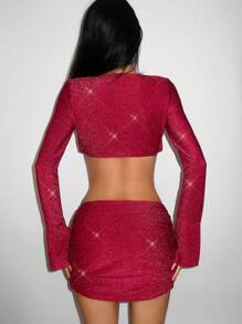 EgrlEra 性感闪亮长袖低胸上衣 + 迷你褶皱紧身裙 2 件套，新年派对装，情人节 - 酒紅色 - 查看 2
