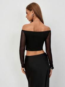 Chiquease 1pc Off-Shoulder Mesh Hollow T-Shirt, Black Skinny Stretch T-Shirt, Sexy & Fashionable Top