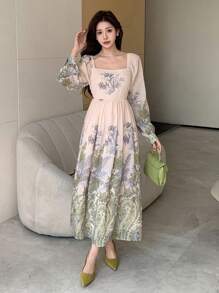 DAZY Robe midi à manches lanternes, col carré et imprimé floral complet pour femmes, volants